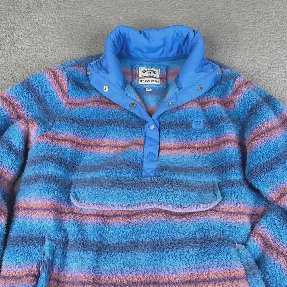 MOCK NECK Pullover Womens Large Blue Billabong Adventure Division Faux Fur